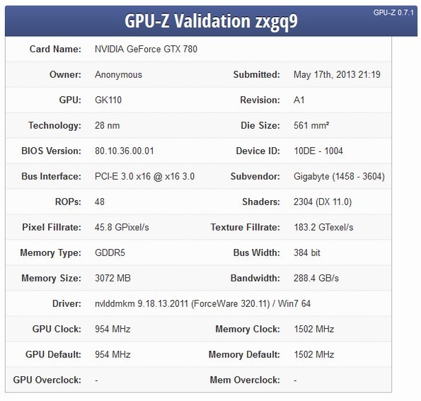 NVIDIA GeForce GTX 780 GPU-Z Validate