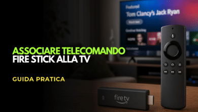 nell'immagine una fire stick con telecomando ed una tv nello sfondo