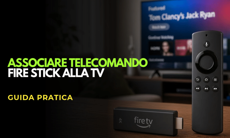 nell'immagine una fire stick con telecomando ed una tv nello sfondo